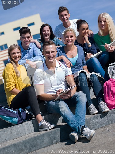 Image of students outside sitting on steps