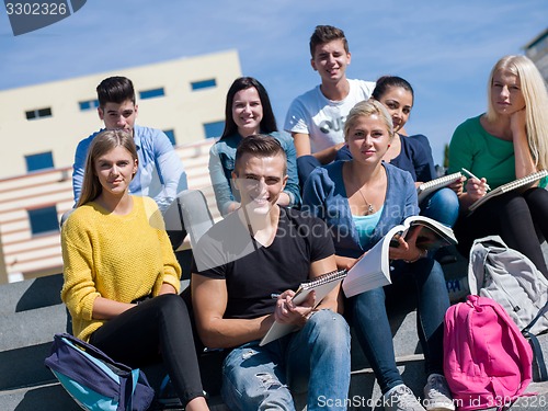 Image of students outside sitting on steps