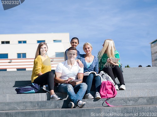 Image of students outside sitting on steps