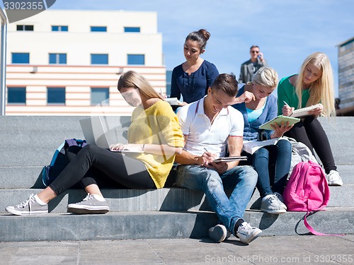 Image of students outside sitting on steps