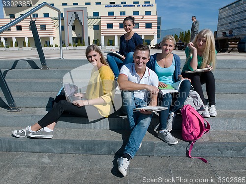 Image of students outside sitting on steps