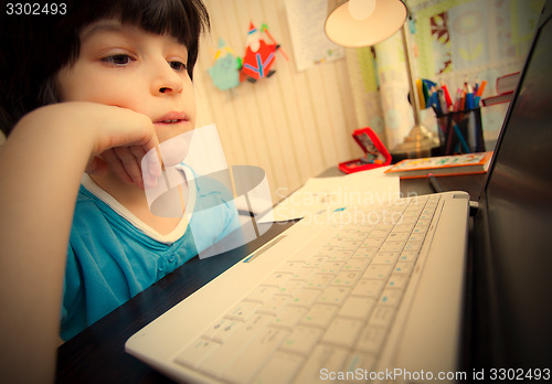 Image of distance learning, a boy with computer