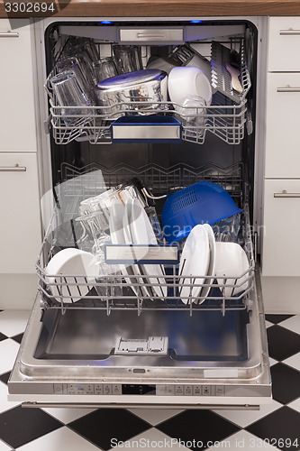 Image of Dishwasher loades in a kitchen with clean dishes