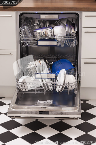 Image of Dishwasher loades in a kitchen with clean dishes