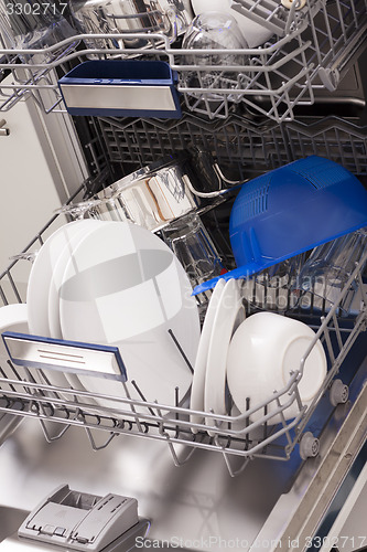 Image of Dishwasher loades in a kitchen with clean dishes