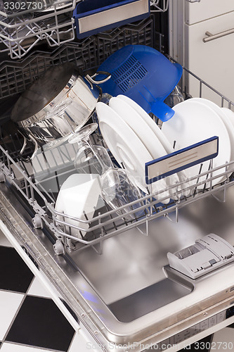 Image of Dishwasher loades in a kitchen with clean dishes