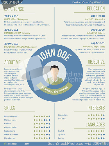 Image of Modern resume curriculum vitae with photo and name in center