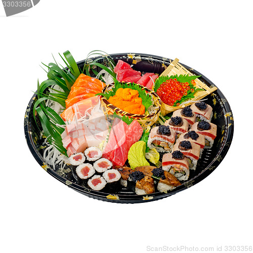 Image of take away sushi express on plastic tray 