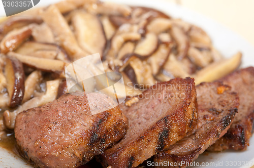 Image of venison deer game filet and wild mushrooms