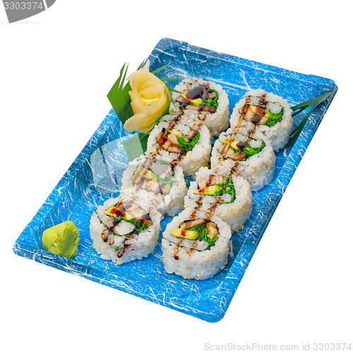 Image of take away sushi express on plastic tray 