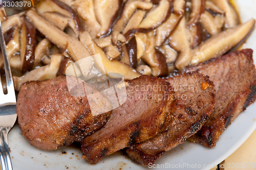 Image of venison deer game filet and wild mushrooms