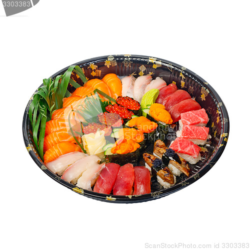 Image of take away sushi express on plastic tray 