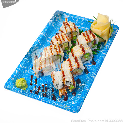 Image of take away sushi express on plastic tray 