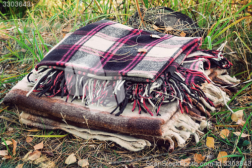 Image of Two convenient plaid relaxing in the woods for two