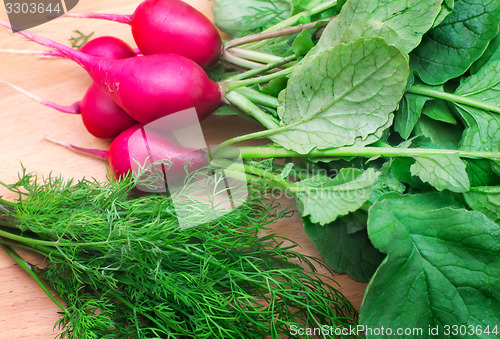 Image of Radishes and green dill on a cutting Board