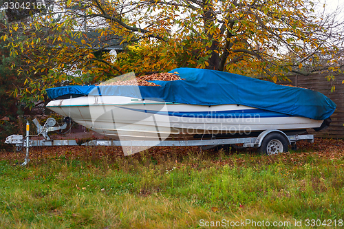 Image of Fast motor boat on truck trailer
