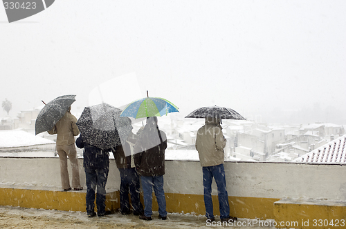Image of People with umbrellas in snow