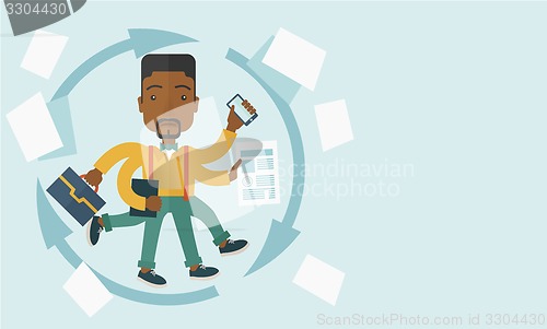 Image of Black guy with multitasking job.