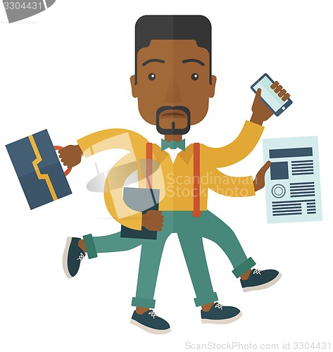 Image of Black guy with multitasking job.