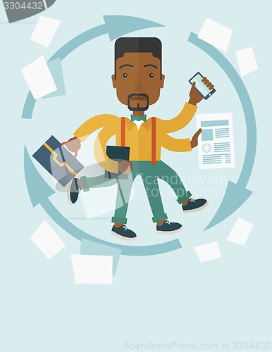 Image of Black guy with multitasking job.