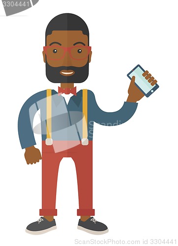 Image of Black office worker holding his smartphone.
