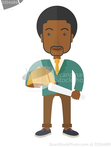 Image of Black Young construction worker holding hard hat and blueprint.