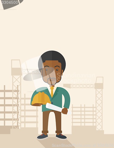 Image of Young african construction worker holding hard hat and blueprint.