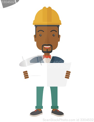Image of African-american Construction worker holding the plan.
