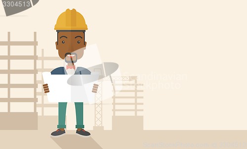 Image of African-american Construction worker holding the plan.
