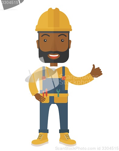 Image of Illustration of a happy carpenter wearing hard hat and overalls