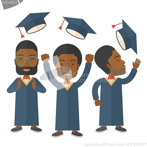 Image of Three men throwing graduation cap.
