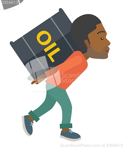 Image of Black Businessman carrying barrel of oil. 