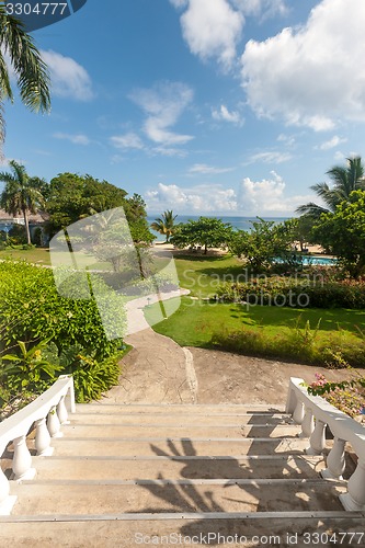 Image of tropical garden with flowers and road to beach