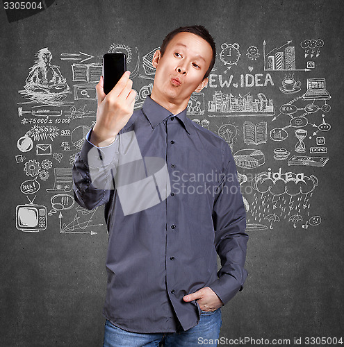 Image of Asian Man Making A Selfie