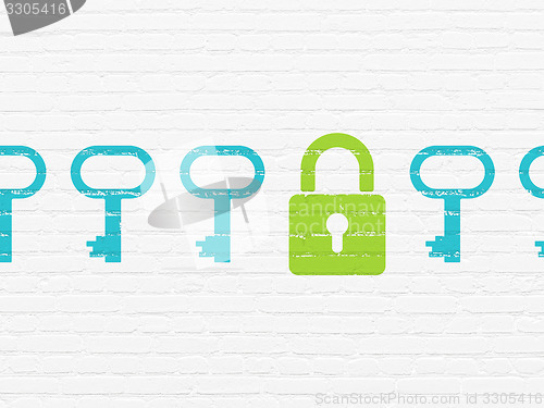 Image of Privacy concept: closed padlock icon on wall background