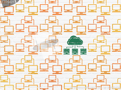 Image of Cloud computing concept: cloud network icon on wall background
