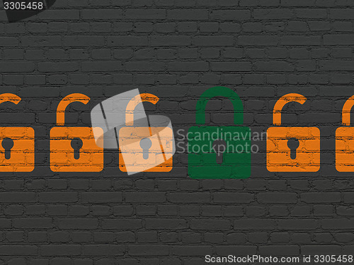 Image of Protection concept: closed padlock icon on wall background