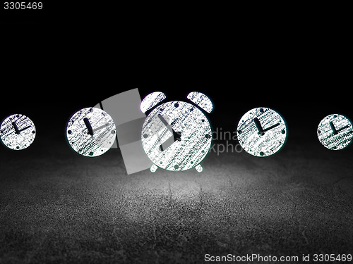 Image of Timeline concept: alarm clock icon in grunge dark room