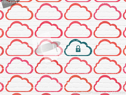 Image of Cloud computing concept: cloud with padlock icon on wall background