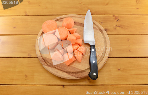 Image of Sweet potato chopped with a knife on a cutting board