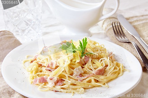 Image of pasta carbonara on white plate