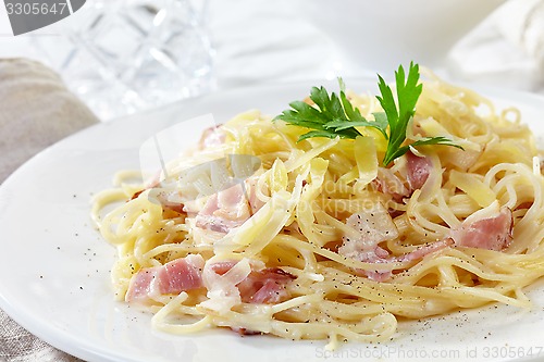 Image of pasta carbonara on white plate