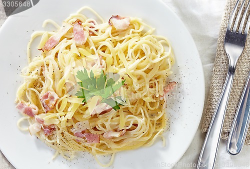 Image of pasta carbonara on white plate