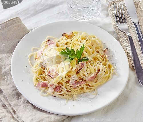 Image of pasta carbonara on white plate