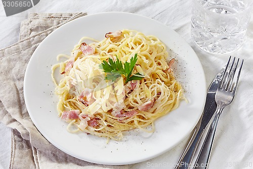 Image of pasta carbonara on white plate