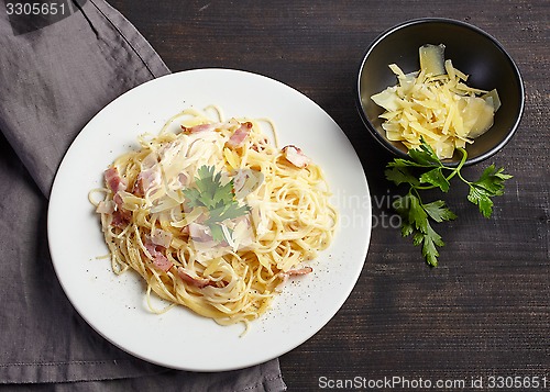 Image of pasta carbonara on white plate