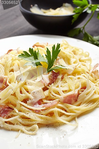 Image of pasta carbonara on white plate