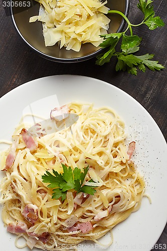 Image of pasta carbonara on white plate