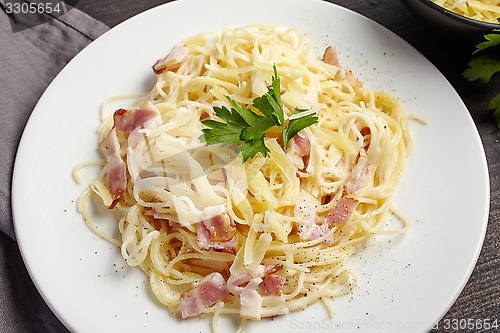 Image of pasta carbonara on white plate