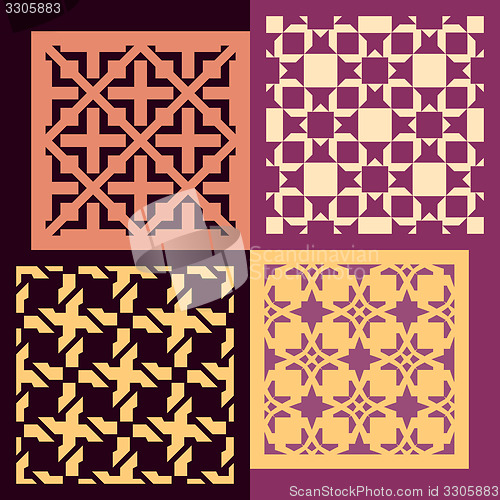 Image of Set of four seamless patterns. Vintage geometric ornaments. 